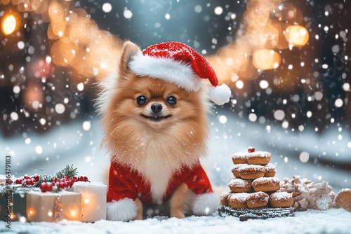 A dog in a festive Christmas setting, surrounded by holiday decorations, embodying the warmth and joy of the season. Perfect for themes of Christmas, pets, and holiday cheer photo