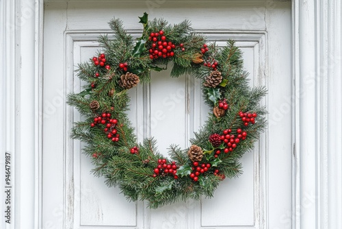 Christmas background with a wreath made of holly and pine branches on a white door photo