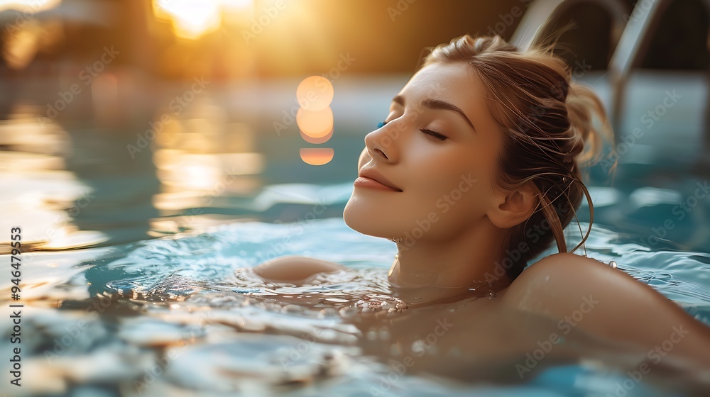 Young woman relaxing in spa swimming pool, warm water : Generative AI Young woman relaxing in spa swimming pool, warm water : Generative AI