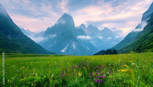 Majestic Mountain Peaks with Lush Green Meadow and Vibrant Wildflowers Under Clear Blue Sky