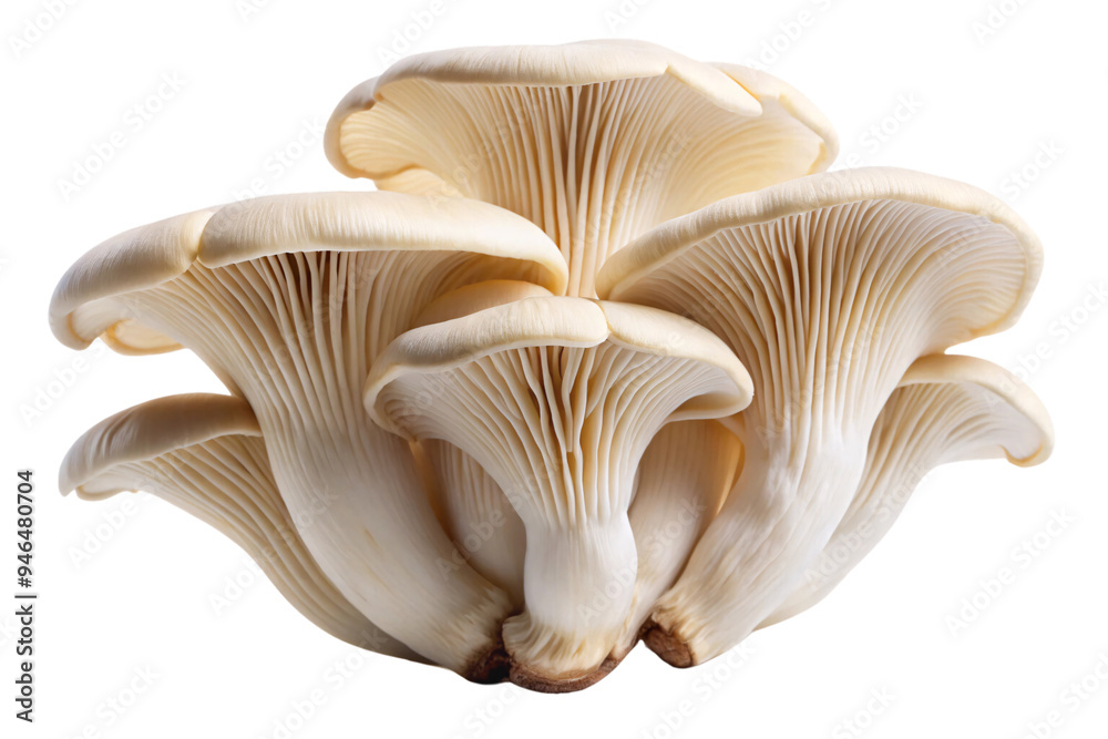 A cluster of oyster mushrooms, this time with the caps slightly overlapping, showcasing their smooth, delicate texture, on a transparent background A cluster of oyster mushrooms, this time with the caps slightly overlapping, showcasing their smooth, delicate texture, on a transparent background