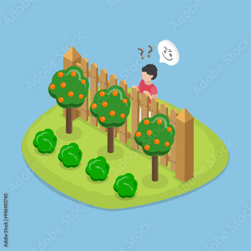 3D Isometric Flat Vector Illustration of Curious Neighbor, Observing Street Activity or Eavesdroping