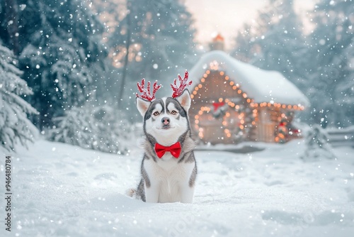 A dog in a festive Christmas setting, surrounded by holiday decorations, embodying the warmth and joy of the season. Perfect for themes of Christmas, pets, and holiday cheer photo