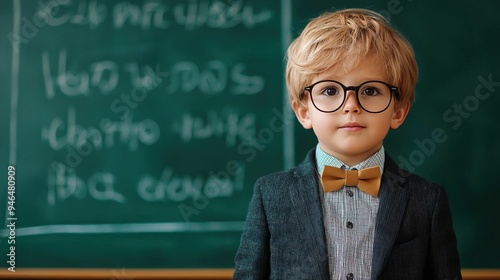 Smart young boy in stylish attire stands confidently in front of a chalkboard, embodying education and curiosity.