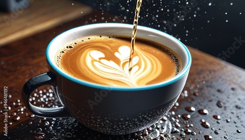 A close-up of a coffee cup with droplets of coffee cascading down the side, captured in slow motion to highlight the texture and movement of the coffee as it interacts with the surface, Generative AI.