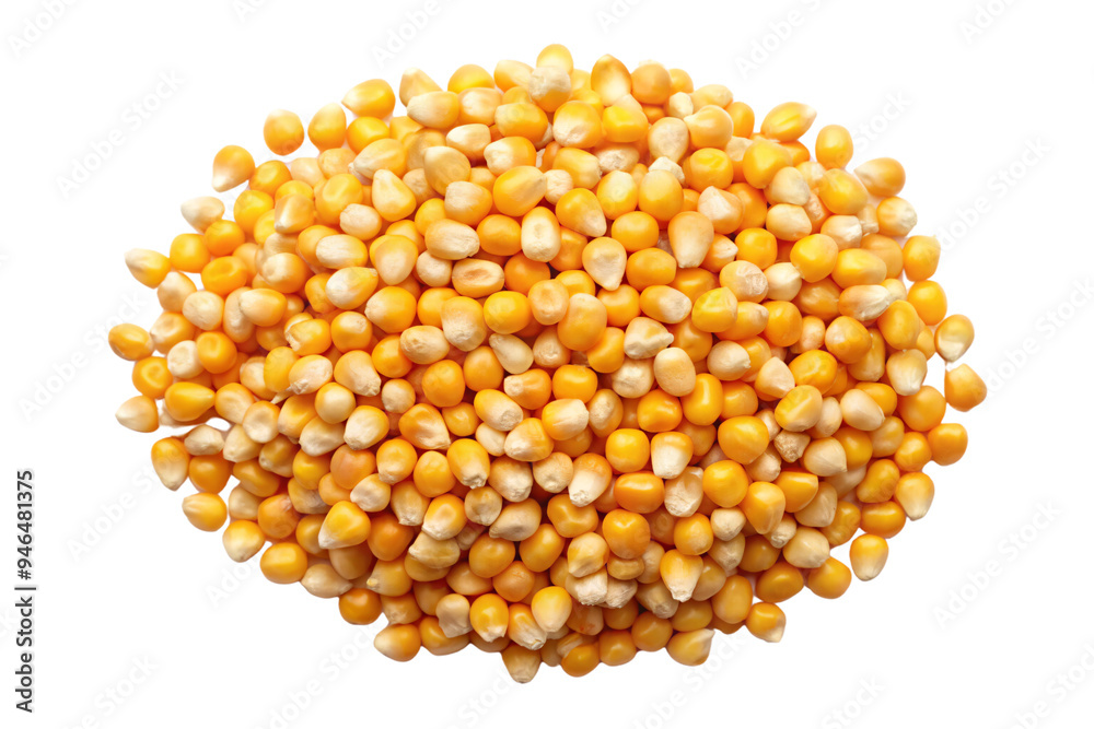 A large heap of yellow popcorn kernels, showcasing their uniform size and glossy texture, perfect for popping into fluffy, buttery popcorn, on a transparent background A large heap of yellow popcorn kernels, showcasing their uniform size and glossy texture, perfect for popping into fluffy, buttery popcorn, on a transparent background