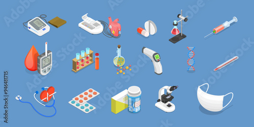 3D Isometric Flat Vector Set of Medicine Elements, Medication and Pharmaceutics