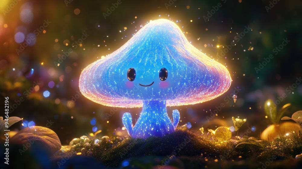 A tall, blue mushroom with a wavy cap and a cheerful expression, surrounded by sparkles. A tall, blue mushroom with a wavy cap and a cheerful expression, surrounded by sparkles.