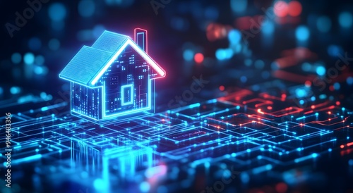 A futuristic digital image of an illuminated house icon floating above a glowing circuit board. Smart home technology. Real Estate Finance, real estate investment concepts, managing business aspects
