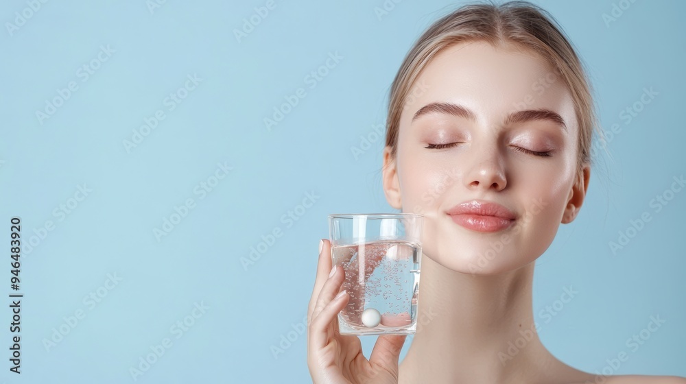 A serene woman enjoying a refreshing drink of water, representing wellness and hydration against a calming blue background. A serene woman enjoying a refreshing drink of water, representing wellness and hydration against a calming blue background.
