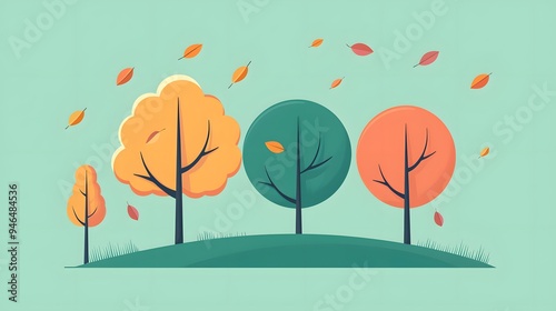 Wallpaper Mural Autumn Trees and Falling Leaves on Green Background Torontodigital.ca