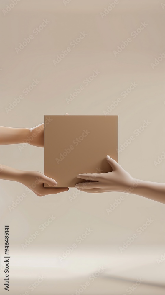 Hands exchanging a cardboard box in a minimalist style Hands exchanging a cardboard box in a minimalist style