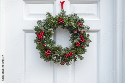 Christmas background with a wreath made of holly and pine branches on a white door photo