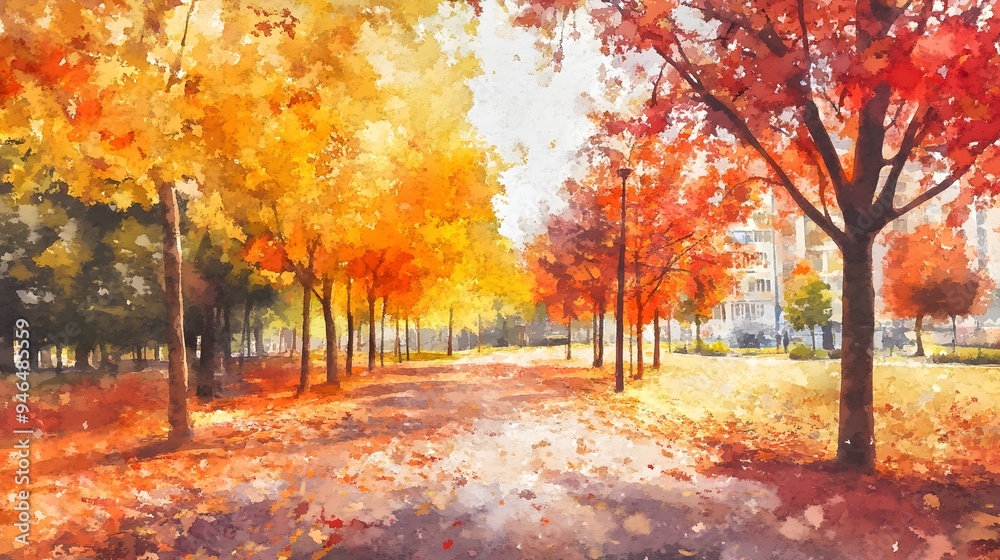 Naklejka premium Autumnal Path with Golden and Red Trees in Watercolor Style