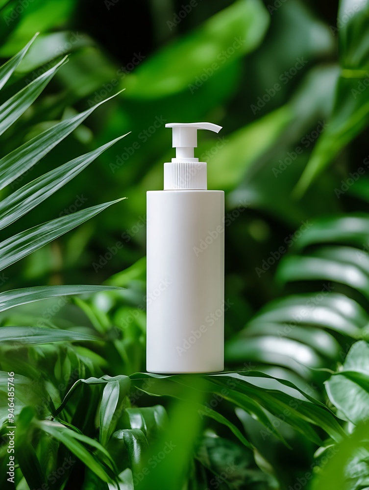 Stylish shampoo stand, small white bottle in the center against a background of lush greenery. : Generative AI Stylish shampoo stand, small white bottle in the center against a background of lush greenery. : Generative AI