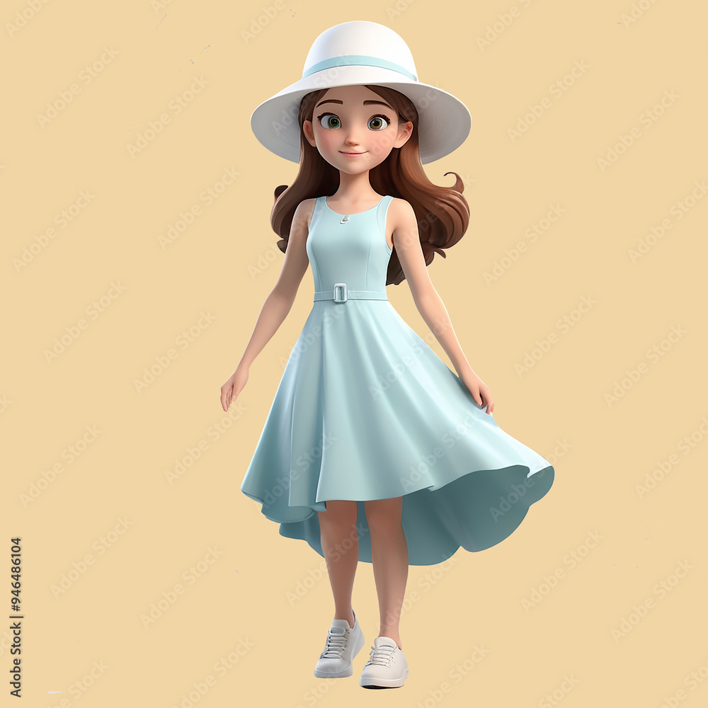 a girl with a white hat wearing a summer dress, standing and smiling isolated over beige color background a girl with a white hat wearing a summer dress, standing and smiling isolated over beige color background