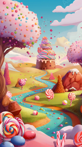 The Fantasy sweet candy land game landscape background, Illustration