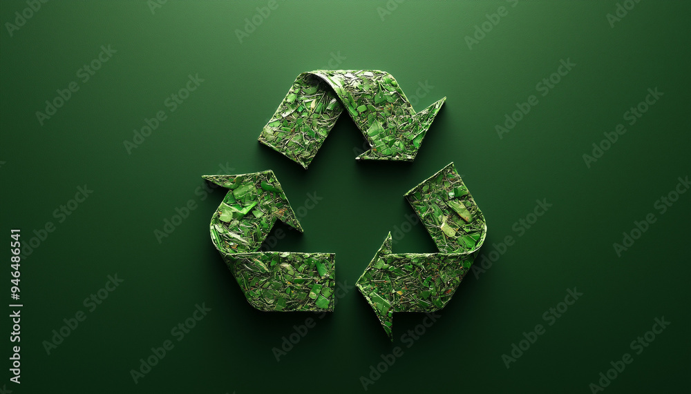 Green leaves create a recycling symbol on a dark green background ...