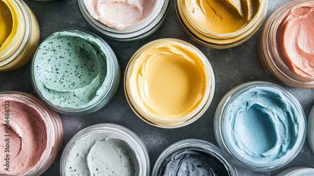 A collection of facial masks in different textures and colors, including creamy, gel-like, and mud masks, displayed in elegant glass jars A collection of facial masks in different textures and colors, including creamy, gel-like, and mud masks, displayed in elegant glass jars