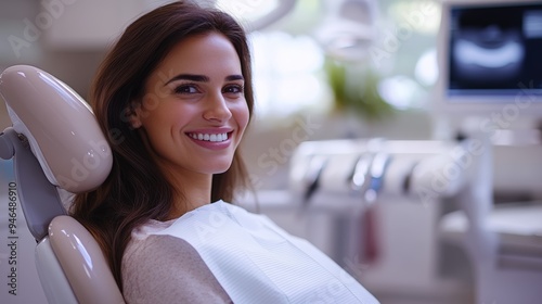 A smiling woman sitting in a dental office, ready for her appointment. The atmosphere is bright and friendly, illustrating a positive dental experience