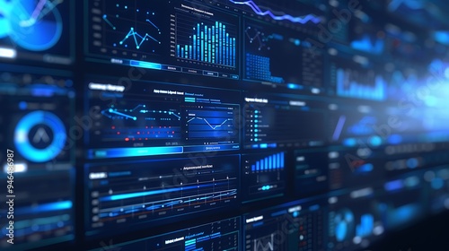 Minimalist design of a blue-themed technology dashboard, showcasing streamlined workflow charts and analytics graphs that reflect efficient data management and technological advancement