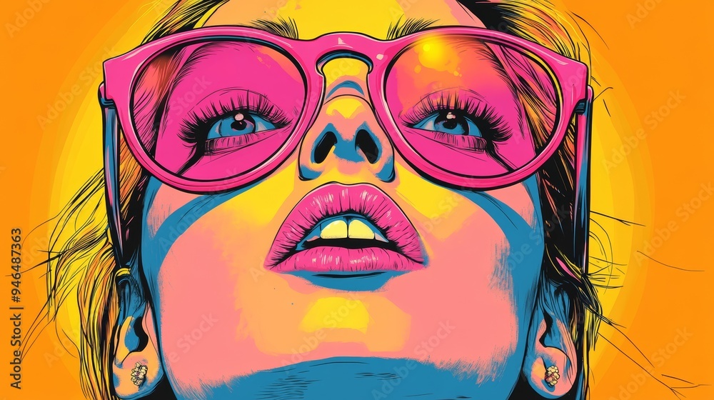 A vibrant, stylized illustration of a woman looking up, wearing oversized pink sunglasses, with bold colors and striking facial features enhancing the artwork's pop art appeal A vibrant, stylized illustration of a woman looking up, wearing oversized pink sunglasses, with bold colors and striking facial features enhancing the artwork's pop art appeal