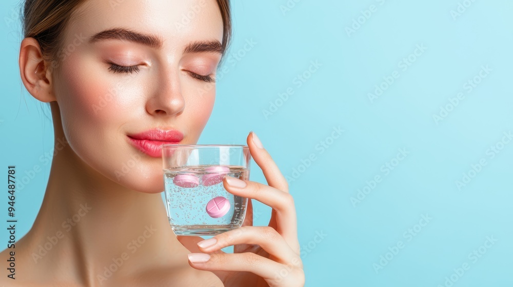Beautiful woman enjoying refreshing water with rose petals, embodying relaxation and wellness against a serene blue background. Beautiful woman enjoying refreshing water with rose petals, embodying relaxation and wellness against a serene blue background.