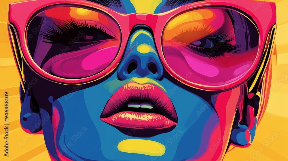 A vibrant, abstract portrait of a woman with large pink sunglasses, showcasing bold colors and striking features against a bright background A vibrant, abstract portrait of a woman with large pink sunglasses, showcasing bold colors and striking features against a bright background