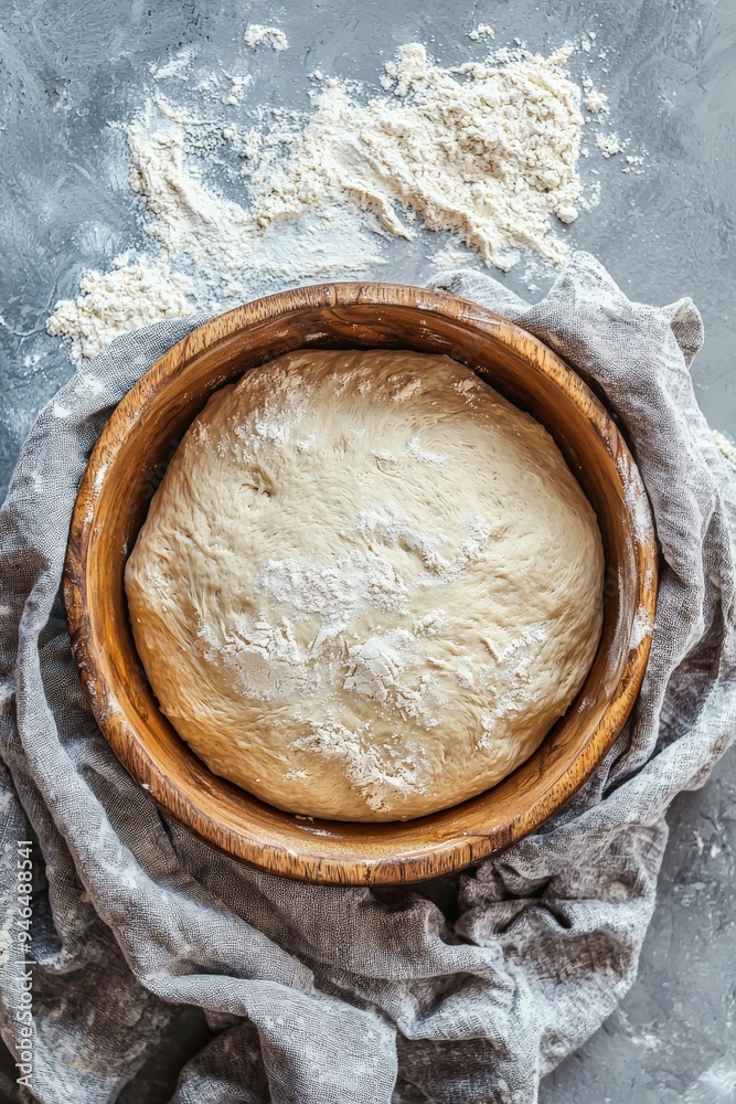 flat lay of a risen dough in a wooden bowl flat lay of a risen dough in a wooden bowl