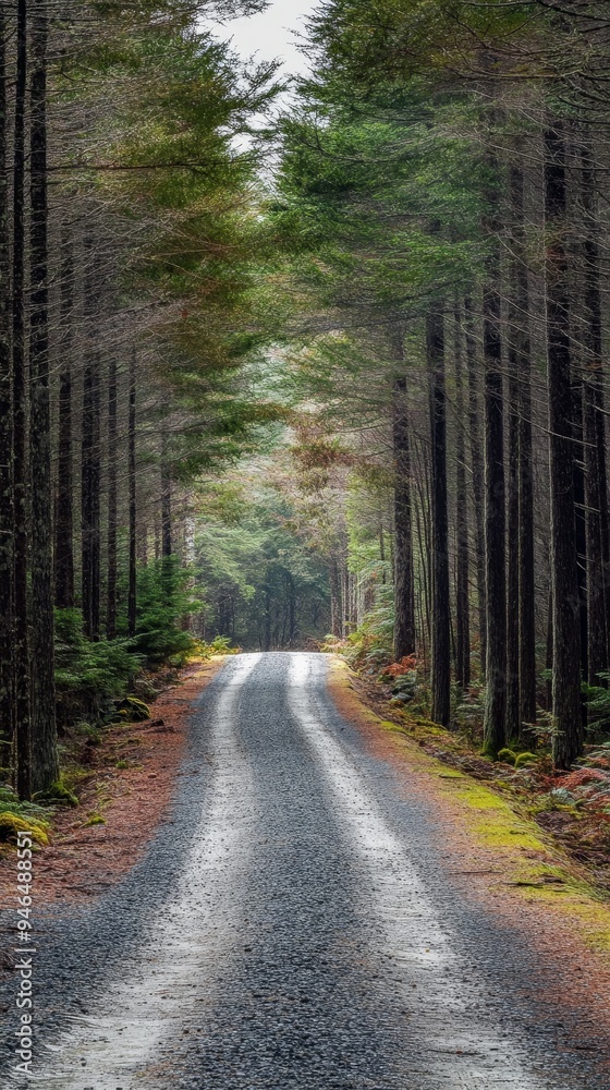 Naklejka premium Tranquil Gravel Road Through Pine Forest - Embracing Rustic and Rural Charm