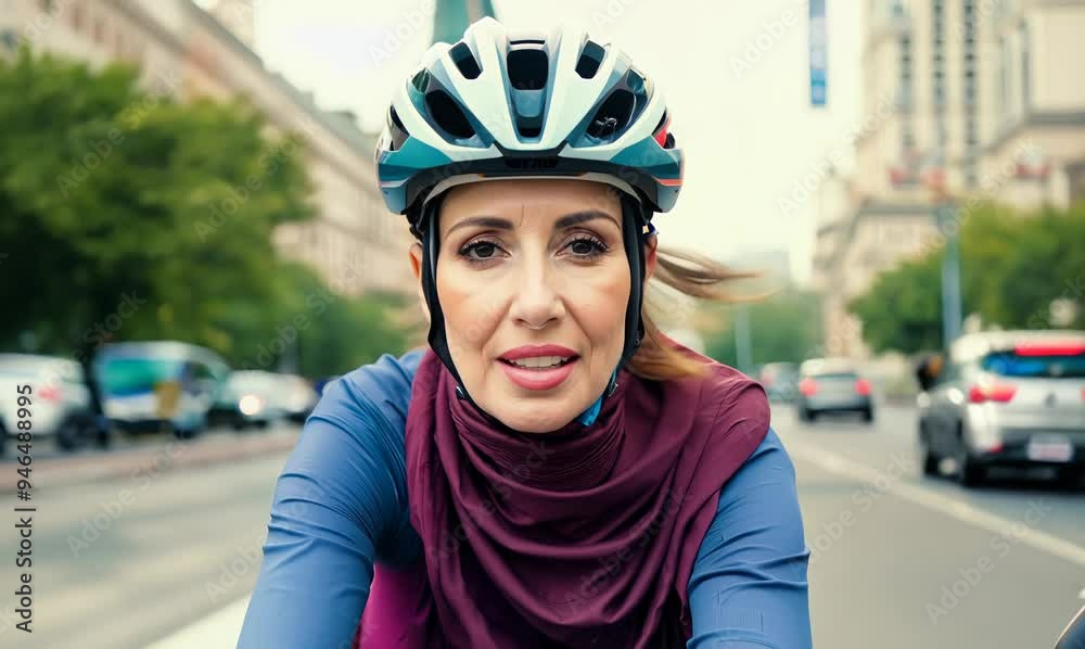 Dynamic Portrait of Iranian Woman Cycling Fast in Cityscape Dynamic Portrait of Iranian Woman Cycling Fast in Cityscape