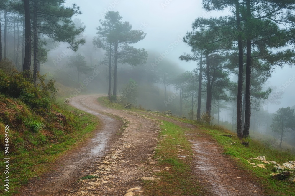 Enchanting Morning Fog in Pine Forest: Serene and Mystical Road through Whispering Trees Enchanting Morning Fog in Pine Forest: Serene and Mystical Road through Whispering Trees
