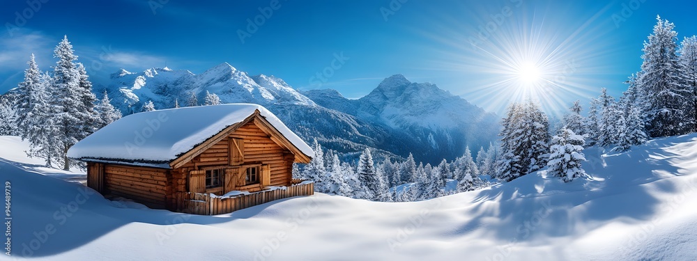 custom made wallpaper toronto digitalRustic wooden chalet in the snow-covered alpine mountains with bright sun and blue sky, a picturesque winter landscape, perfect for a travel poster or holiday advertisement, high-resolution photograph