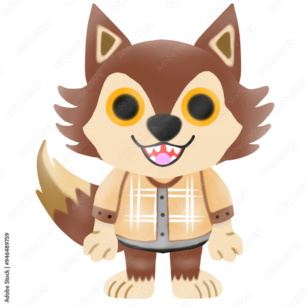 Obraz premium Cute Halloween werewolf cartoon character standing confidently with a cheerful pose, wearing a plaid shirt, big eyes and a smile on a transparent background.