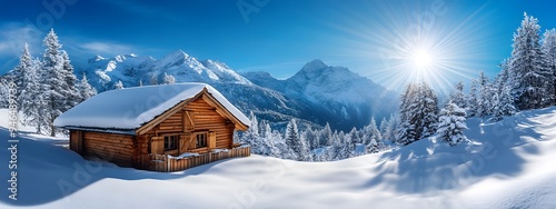 Rustic wooden chalet in the snow-covered alpine mountains with bright sun and blue sky, a picturesque winter landscape, perfect for a travel poster or holiday advertisement, high-resolution photograph photo