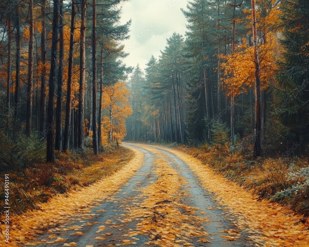 Obraz premium Serene Forest Path Covered in Autumnal Pine Needles, Tranquil Nature Walkway Scene