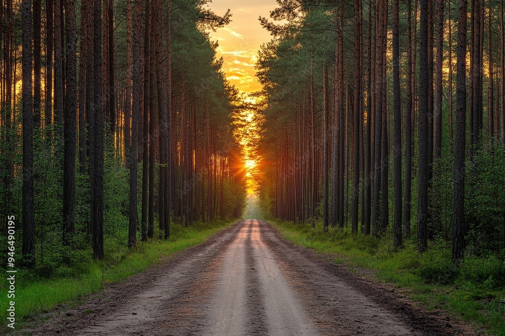 Fototapeta premium Enchanting Twilight in Pine Forest: Sunset Hues Painting the Sky