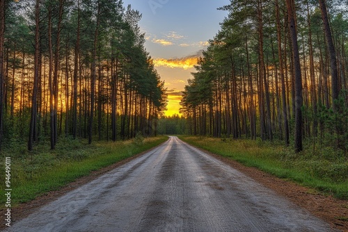 Enchanting Twilight in a Pine Forest - Scenic Road with Sunset Sky Colors