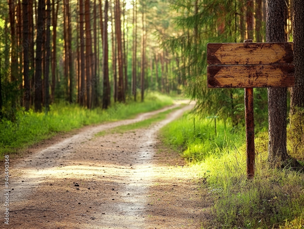 Tranquil Pine Forest Pathway with Rustic Wooden Sign beckoning Wanderers. Tranquil Pine Forest Pathway with Rustic Wooden Sign beckoning Wanderers.