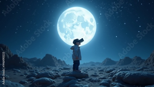 Child Exploring the Moon Through VR, A young child wearing a virtual reality headset stands on a rock, gazing up at a bright, full moon. The soft glow of the moon illuminates the scene.