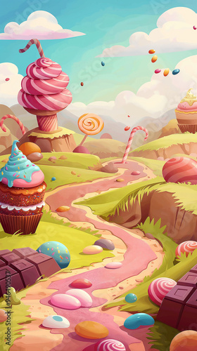 The Fantasy sweet candy land game landscape background, Illustration