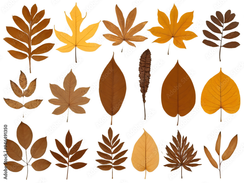Obraz premium Set of brown, dry tropical leaves isolated on a transparent background.