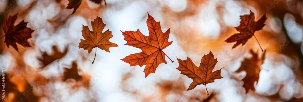 Autumn leaves swirl and float down from trees, adding warm hues of orange and red to the serene park landscape Autumn leaves swirl and float down from trees, adding warm hues of orange and red to the serene park landscape