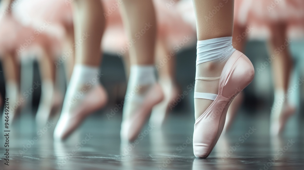 A close-up view of ballet dancers in pointe shoes practicing on a stage. The image shows the precision and grace of their movements with a soft focus on their feet. A close-up view of ballet dancers in pointe shoes practicing on a stage. The image shows the precision and grace of their movements with a soft focus on their feet.
