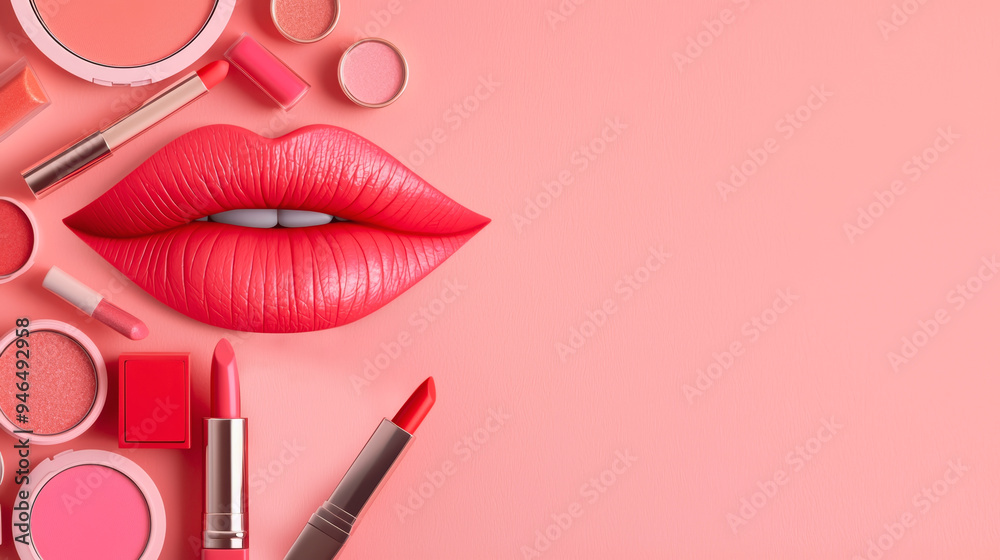 Obraz premium Flat lay of pink and red makeup products and lips on a pink background. Perfect for beauty and cosmetic themes.