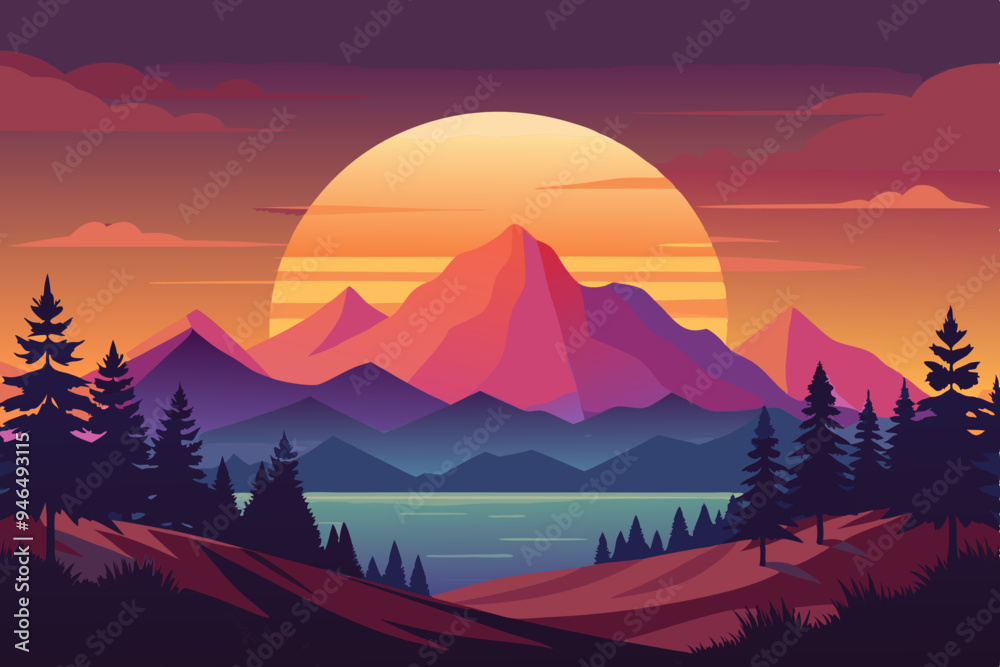 Serene Sunset Over Mountain Vector Serene Sunset Over Mountain Vector