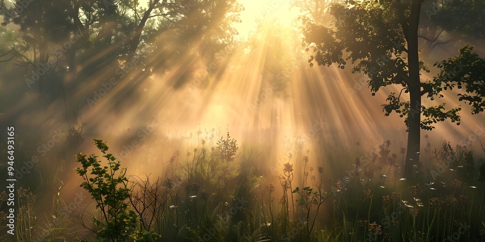 Golden Sun Rays Through Morning Mist in Forest Golden Sun Rays Through Morning Mist in Forest