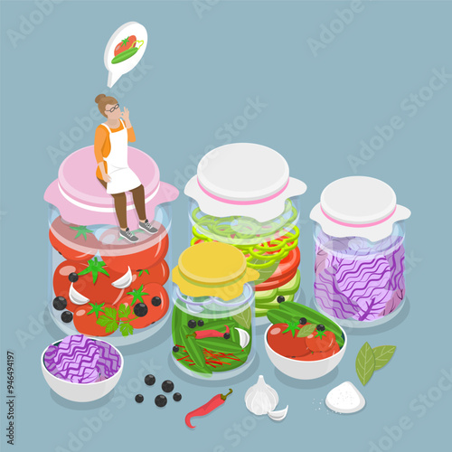 3D Isometric Flat Vector Illustration of Fermented Foods, Jarred Healthy Pickles and Cabbage