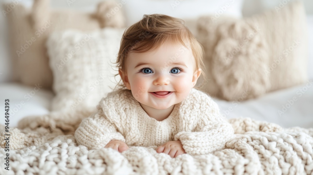 A smiling baby lying on a wool blanket in a cozy setting, creating a heartwarming and joyful atmosphere, exemplifying innocence, warmth, and purity in a tranquil environment. A smiling baby lying on a wool blanket in a cozy setting, creating a heartwarming and joyful atmosphere, exemplifying innocence, warmth, and purity in a tranquil environment.