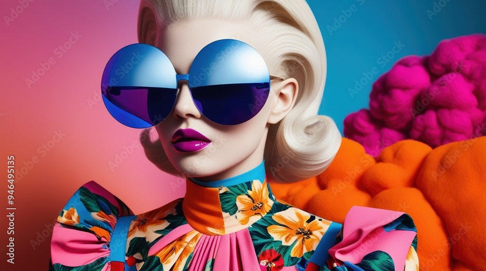 A model showcases an eye-catching ensemble adorned with floral patterns, complemented by oversized sunglasses A model showcases an eye-catching ensemble adorned with floral patterns, complemented by oversized sunglasses